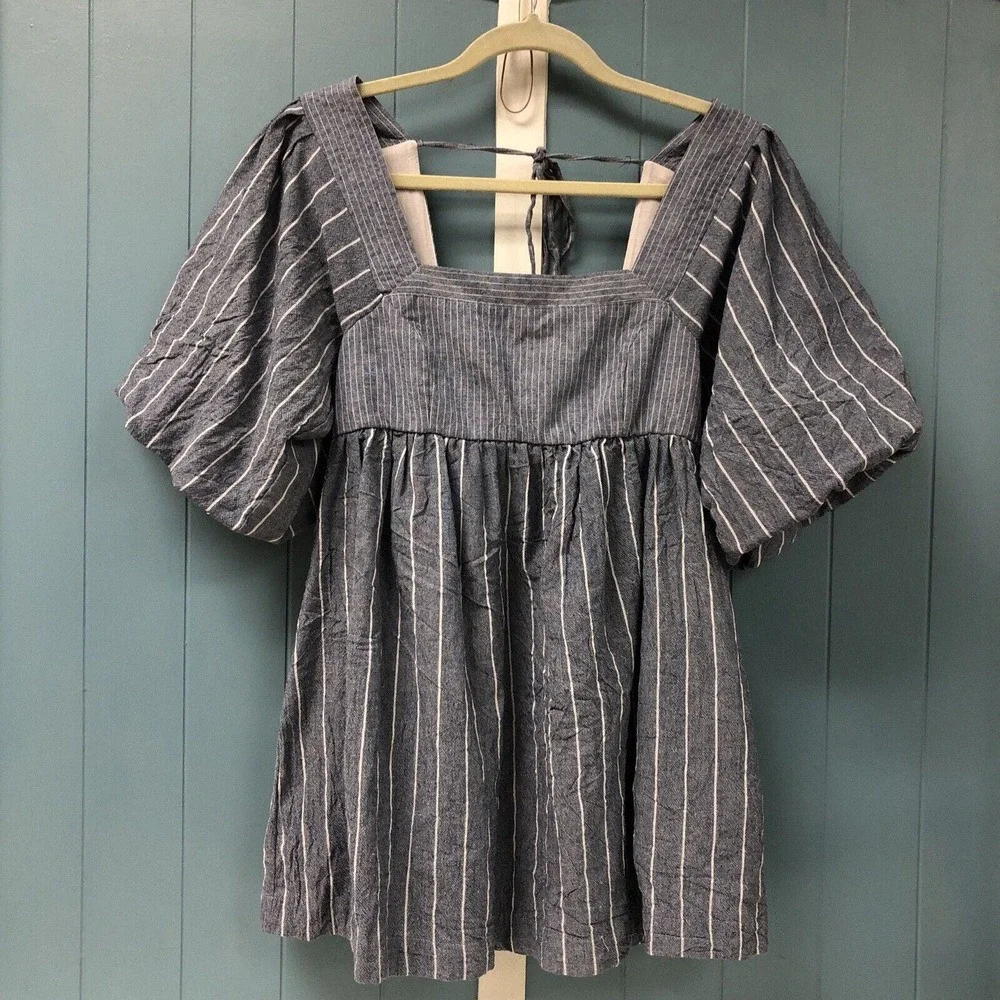 Free People Blue‎ Striped Chambray Women's Gigi Tunic Size S Small
